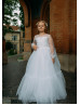 Long Sleeves Beaded Ivory Lace Tulle Flower Girl Dress